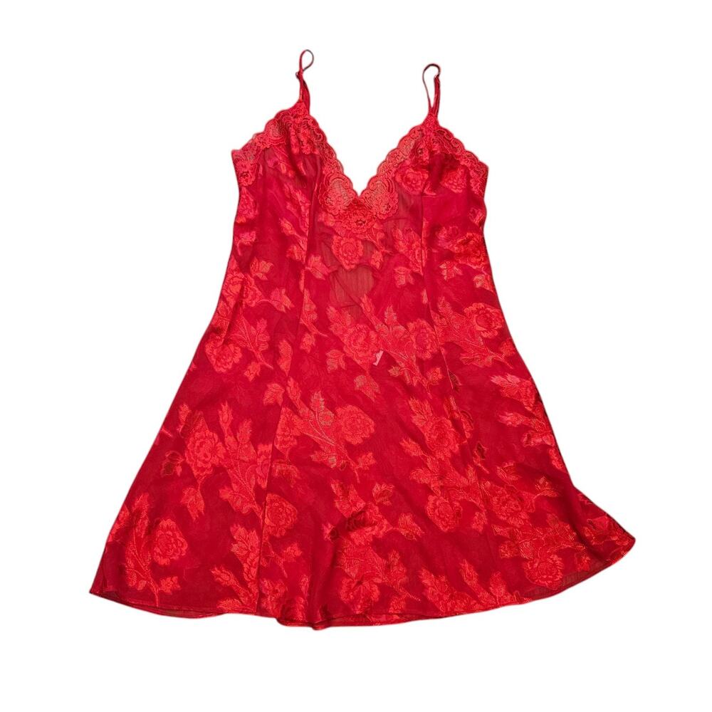 Vtg Fredrick's of Hollywood Red Floral Lace Slip Dress Womens M Lingerie 90s